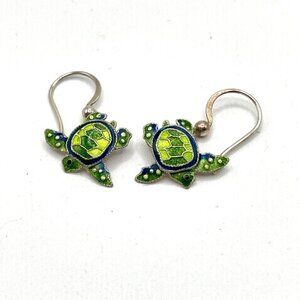 Artisan Made Enamel Green Turtle Sterling Silver .925 Dangle Pierced Earrings